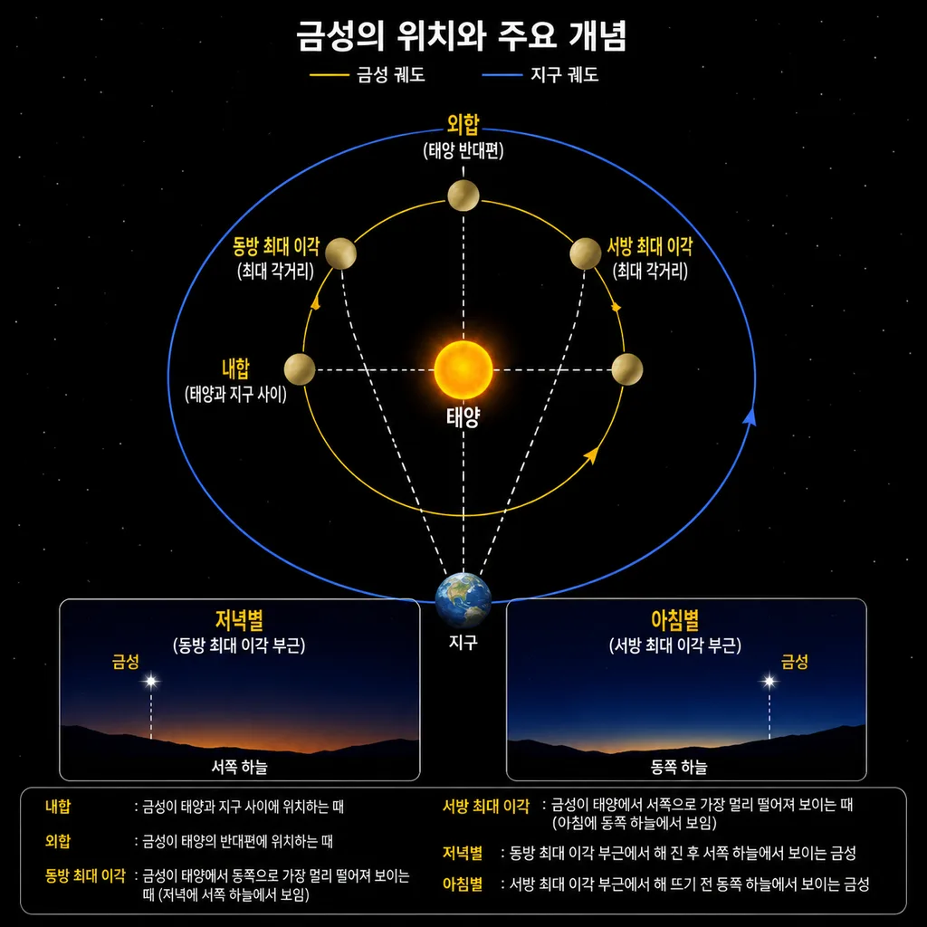 금성의 주기와 아침별 저녁별 위치를 설명하는 궤도 도식