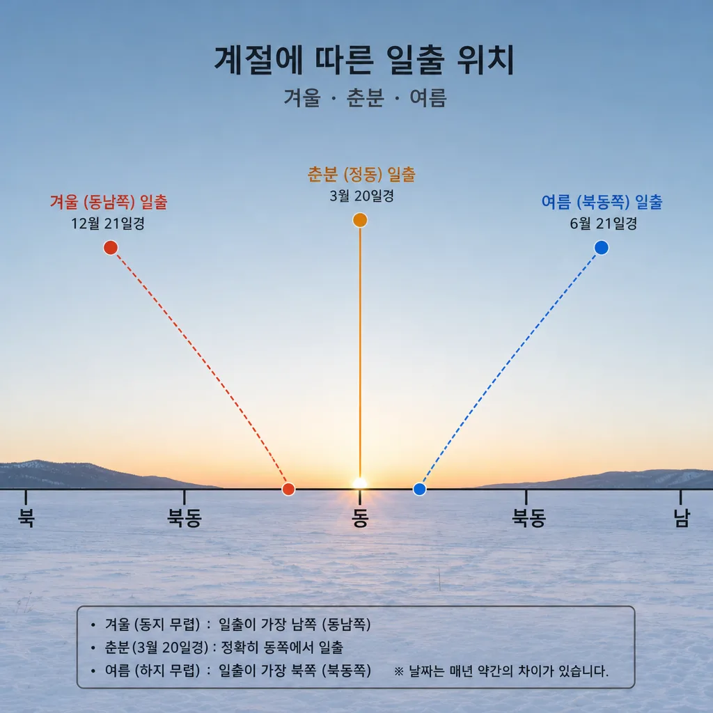 동지와 하지 사이에서 변하는 일출 위치