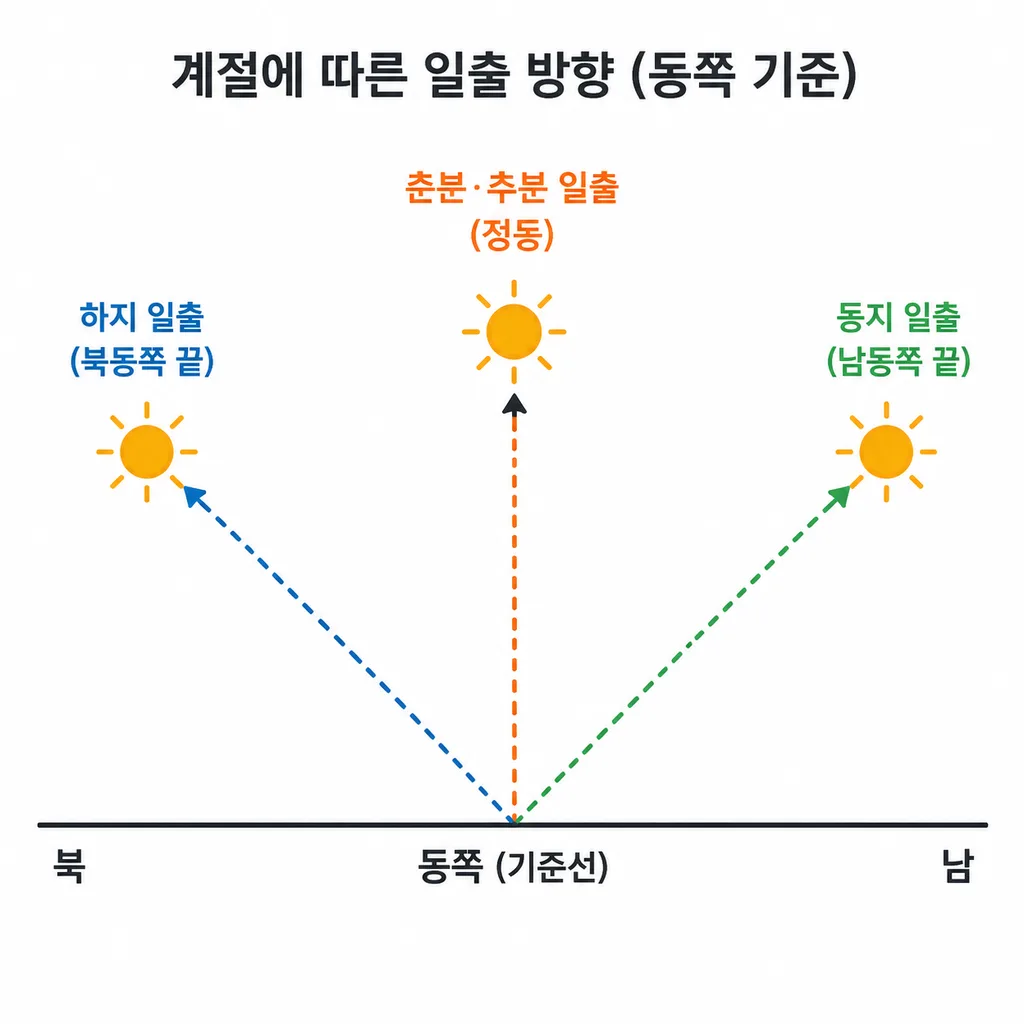 하지와 동지의 일출 방향 차이를 보여주는 지평선 도식