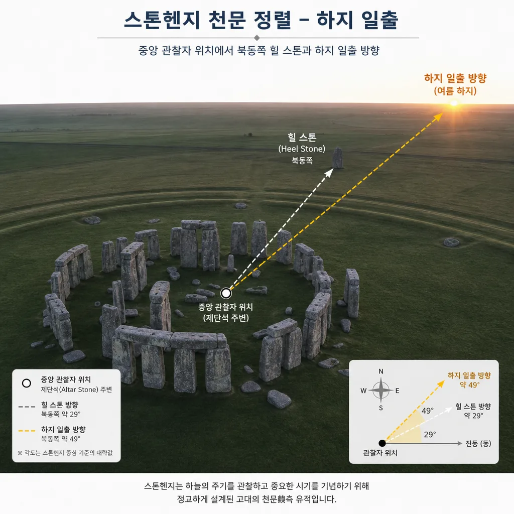스톤헨지 중앙에서 본 힐 스톤과 하지 일출 방향 도식