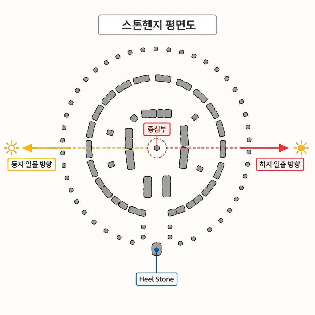 스톤헨지의 하지 일출과 동지 일몰 축을 단순화한 평면도