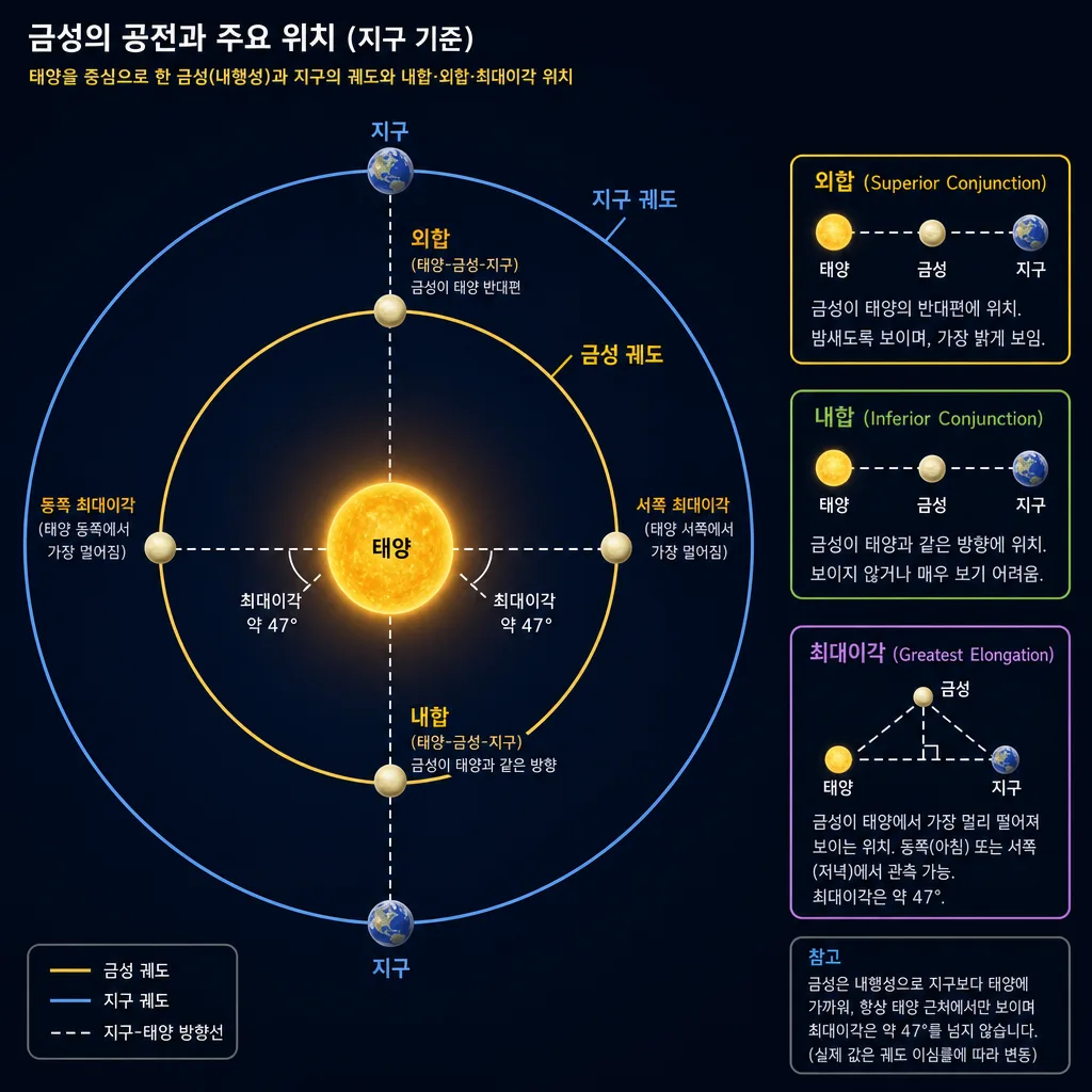 금성의 회합주기를 설명하는 태양 지구 금성 배치도
